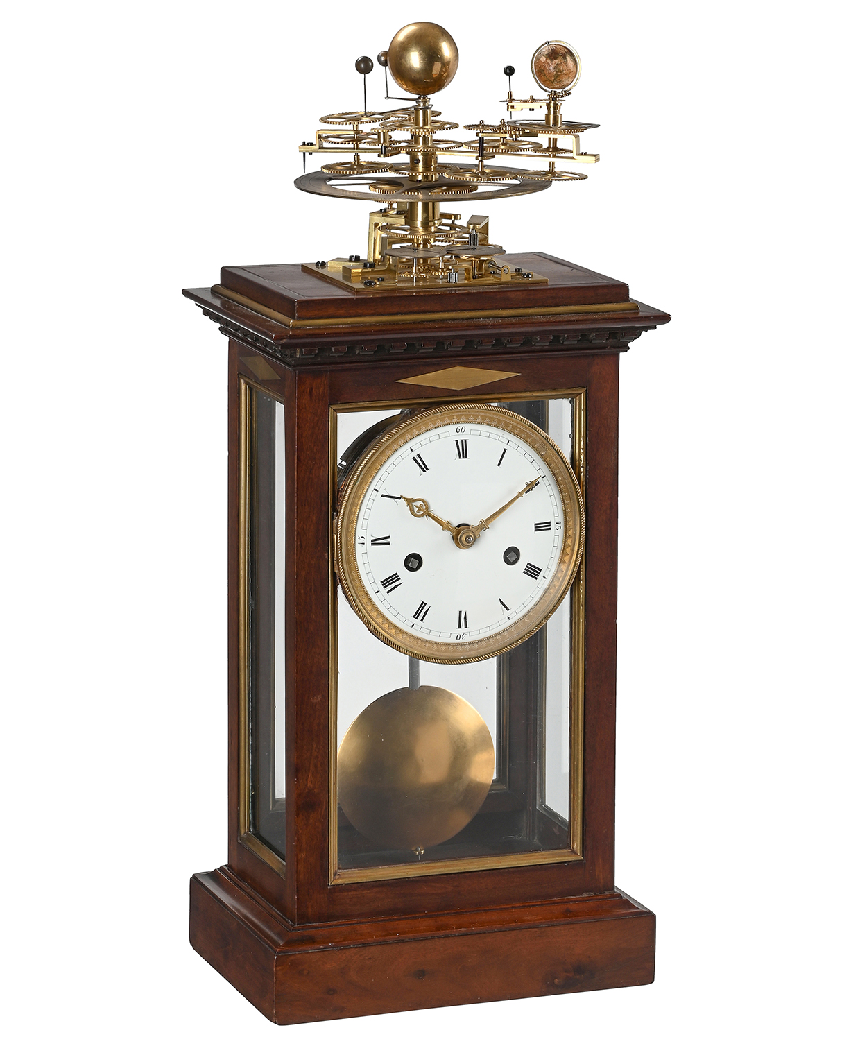 Inline Image - Lot 1158: A fine and very rare French Empire brass inlaid mahogany mantel clock with mechanical orrery, unsigned, attributed to the workshop, of Antide Janvier, Paris, circa 1810 | Sold for £92,700