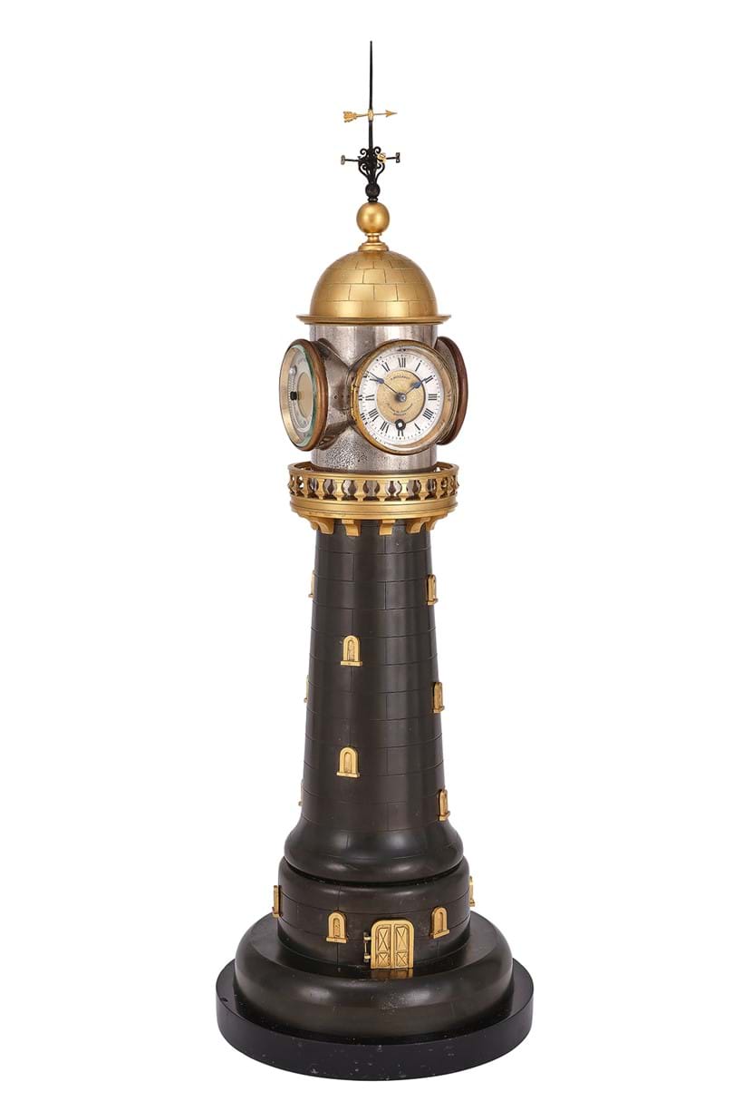 Inline Image - Lot 1174: A rare French large four-dial novelty automaton lighthouse timepiece with barometer and thermometers, possibly by Andre Romain Guilmet, Paris, retailed by F. Guillebot, Bordeaux, late 19th century | Sold for 18,900