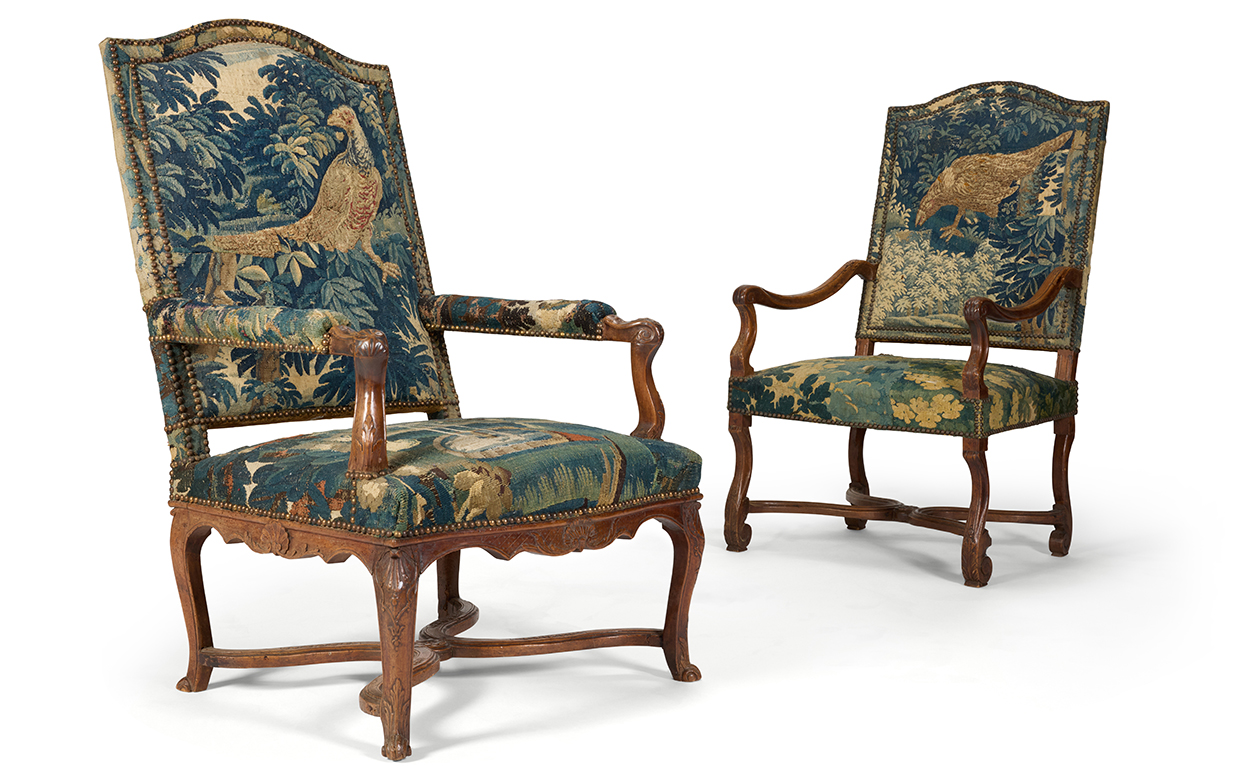 Lot 15 - A matched pair of walnut and verdure tapestry upholstered armchairs, French, early 18th century.jpg