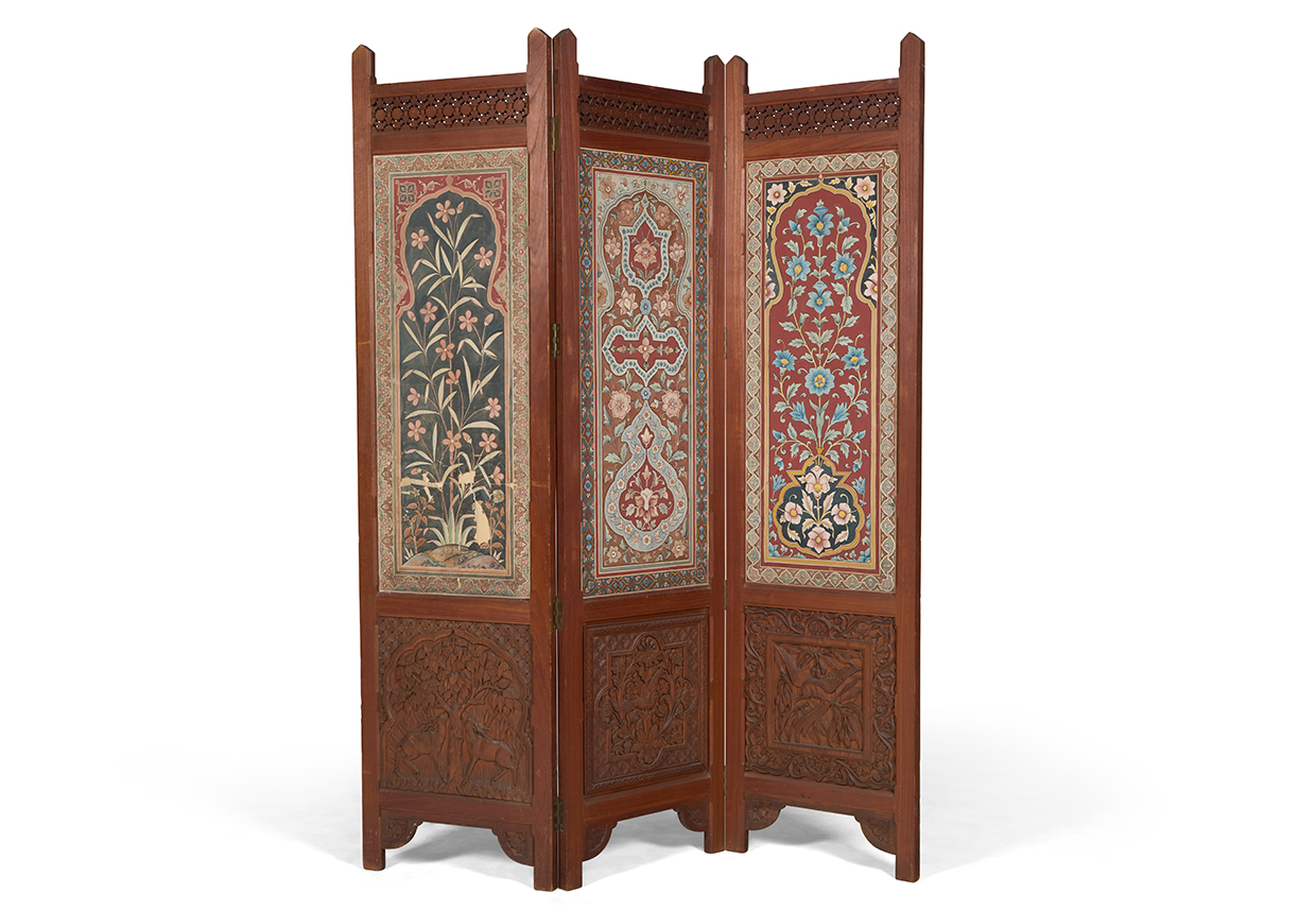 Lot 139 - A carved hardwood and polychrome decorated three fold screen, by John Lockwood Kipling and Bhai Ram Singh, Mayo School of Art, Lahore, circa 1890.jpg