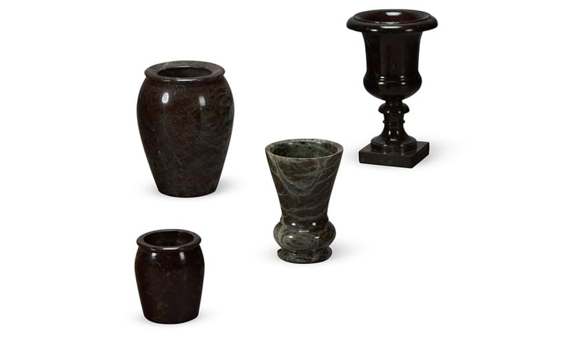 Inline Image - Lot 67: A group of Cornish Serpentine stone vases, late 19th/early 20th century | Est. £150-250 (+ fees)