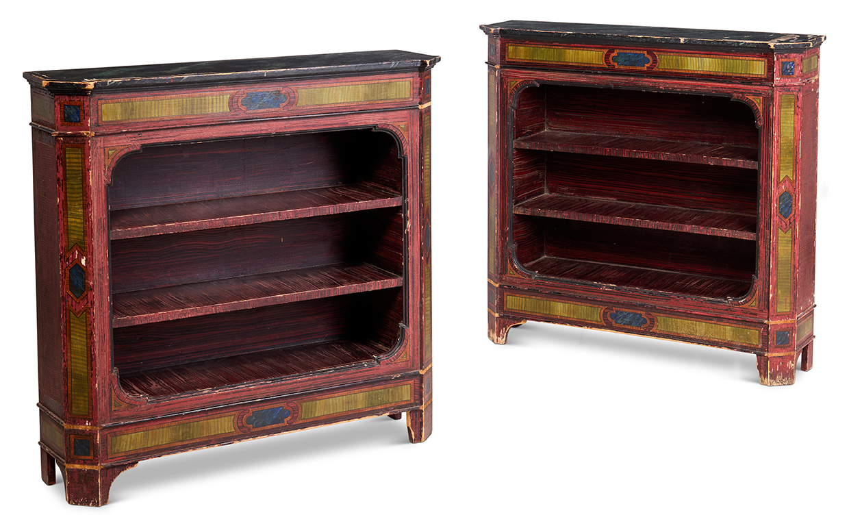 A pair of Renzo Mongiardino polychrome wood bookshelves.jpg