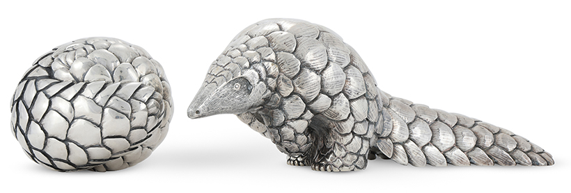 14598 Lot 81 An African silver model of a pangolin and a rolled pangolin Patrick Mavros Zimbabwe circa 2000 and 2002.jpg