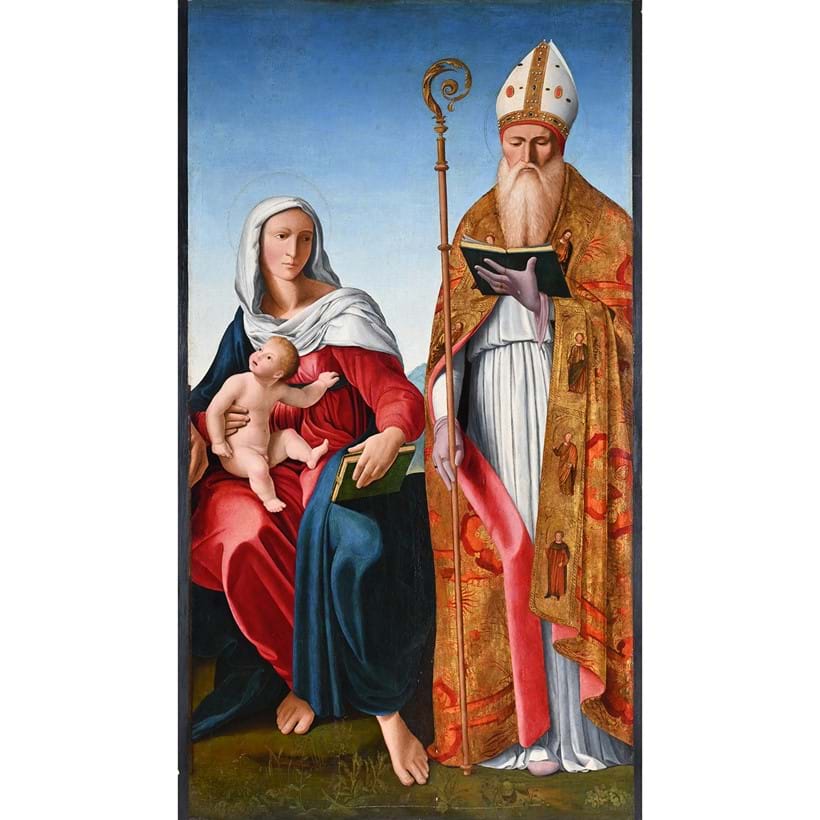 Inline Image - Lot 15: Francesco Marmitta (Italian 1464-1505), 'Madonna and Child with a Holy Bishop', Oil on panel | Est. £40,000-60,000 (+ fees)