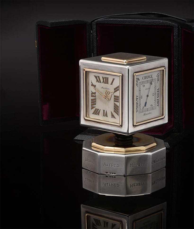 Inline Image - Cartier, a silver, gold and onyx mounted desk clock, perpetual calendar and weather station, import mark for London 1912 | Sold for £30,000