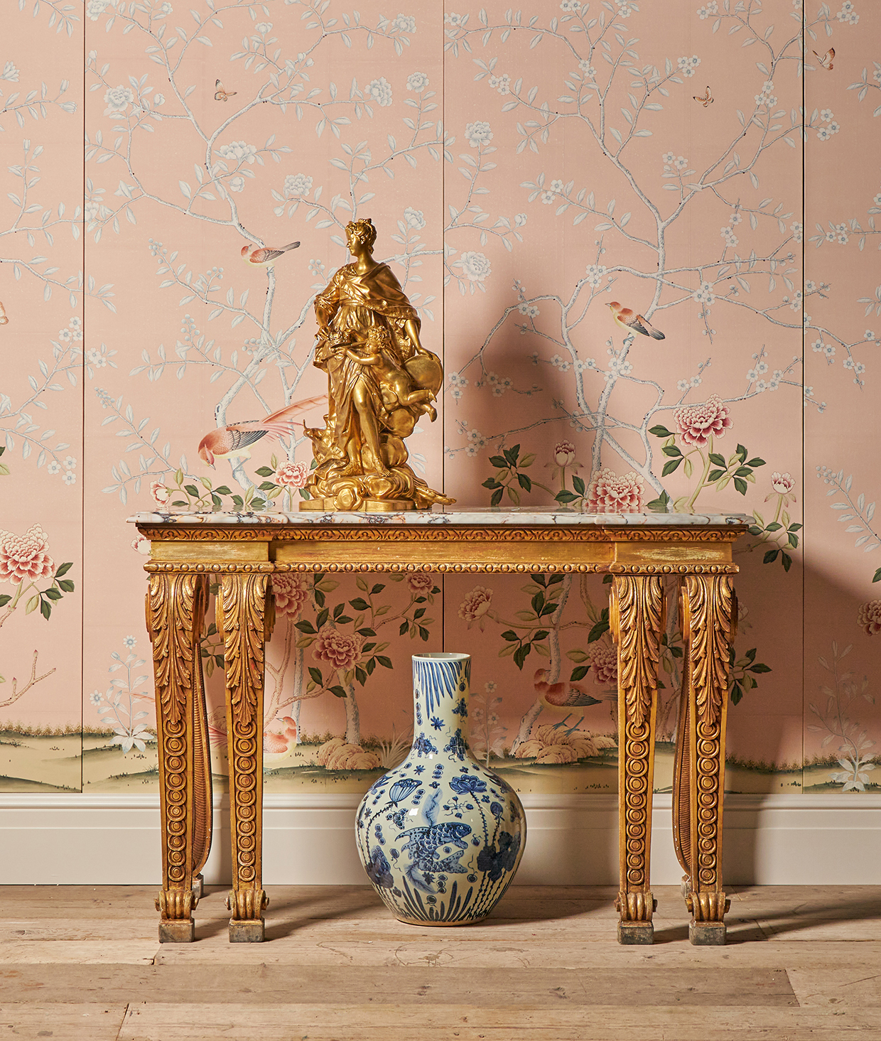 Inline Image - Lot 467: A carved giltwood and breche violette marble topped console table, in the manner of William Kent, late 19th or early 20th century | Est. £3,000-5,000 (+ fees)