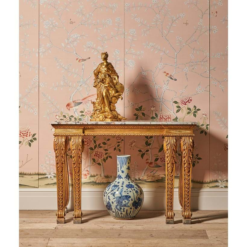 Inline Image - Lot 467: A carved giltwood and breche violette marble topped console table, in the manner of William Kent, late 19th or early 20th century | Est. £3,000-5,000 (+ fees)