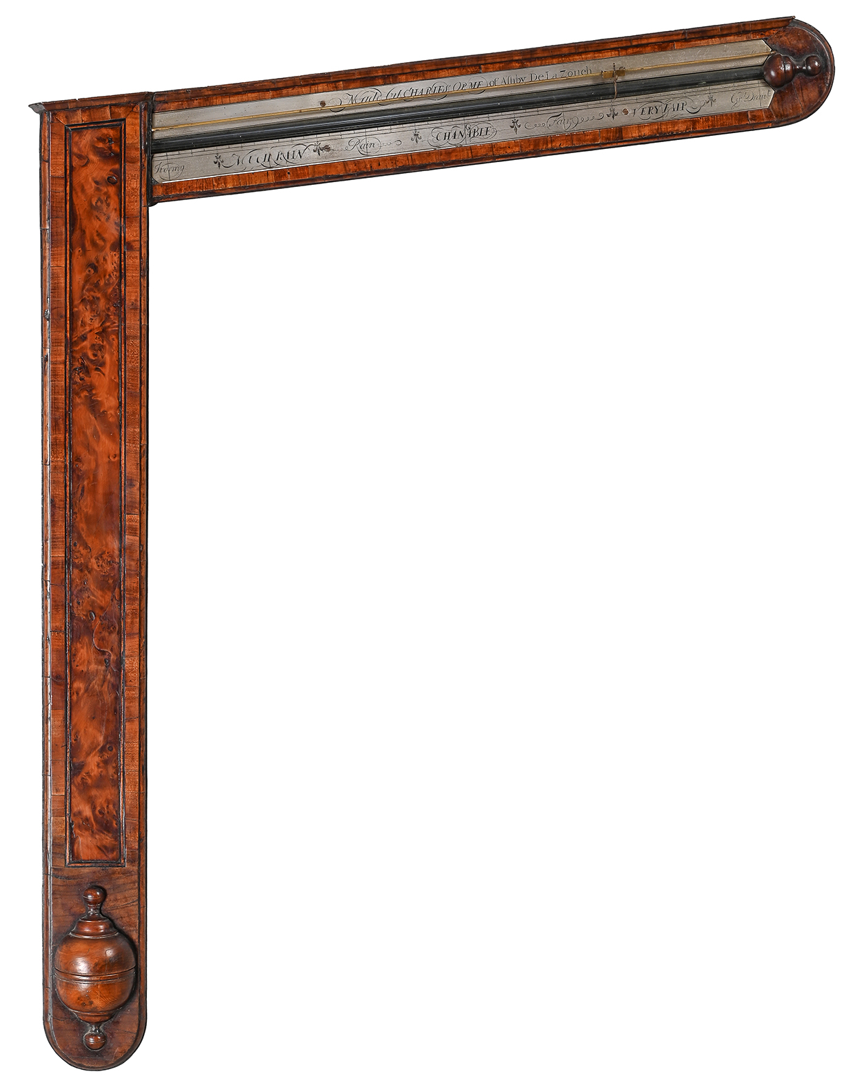 Inline Image - Lot 24: A fine and rare George II yew and walnut mercury angle barometer, Charles Orme, Ashby De La Zouche, circa 1740 | Est. £6,000-8,000 (+ fees)