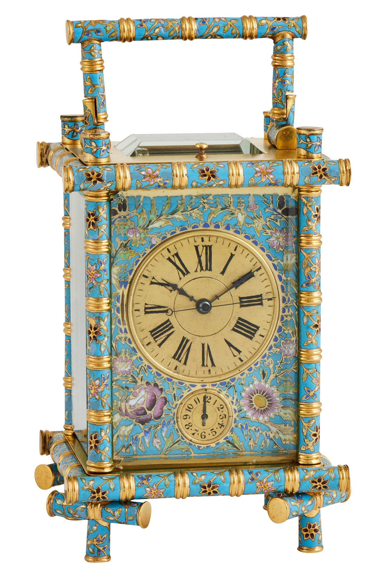 Inline Image - Lot 114: A fine French champleve enamelled gilt bamboo cased centre-seconds repeating alarm carriage clock, unsigned, Paris, late 19th century | Est. £3,000-4,000 (+ fees)