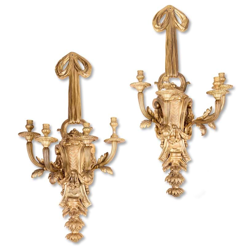 Inline Image - Lot 53: Henri Vian (1858-1904), a substantial pair of gilt bronze four branch wall lights, French, late 19th/early 20th century | Sold for £15,120