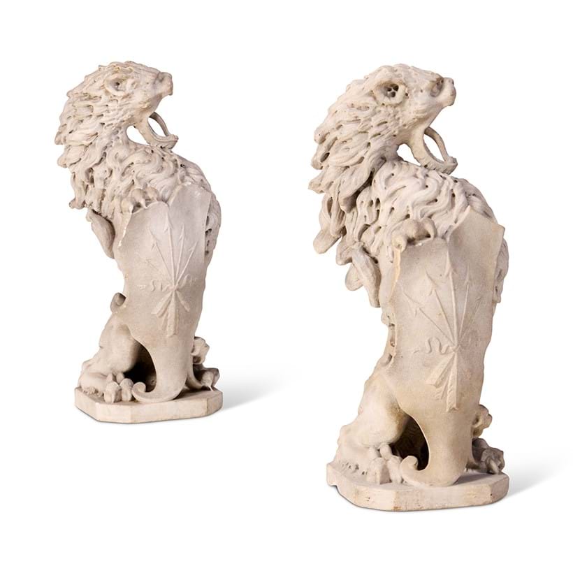 Inline Image - Lot 82: A pair of carved marble heraldic or armorial lions Italian, early 19th century | Sold for £28,950