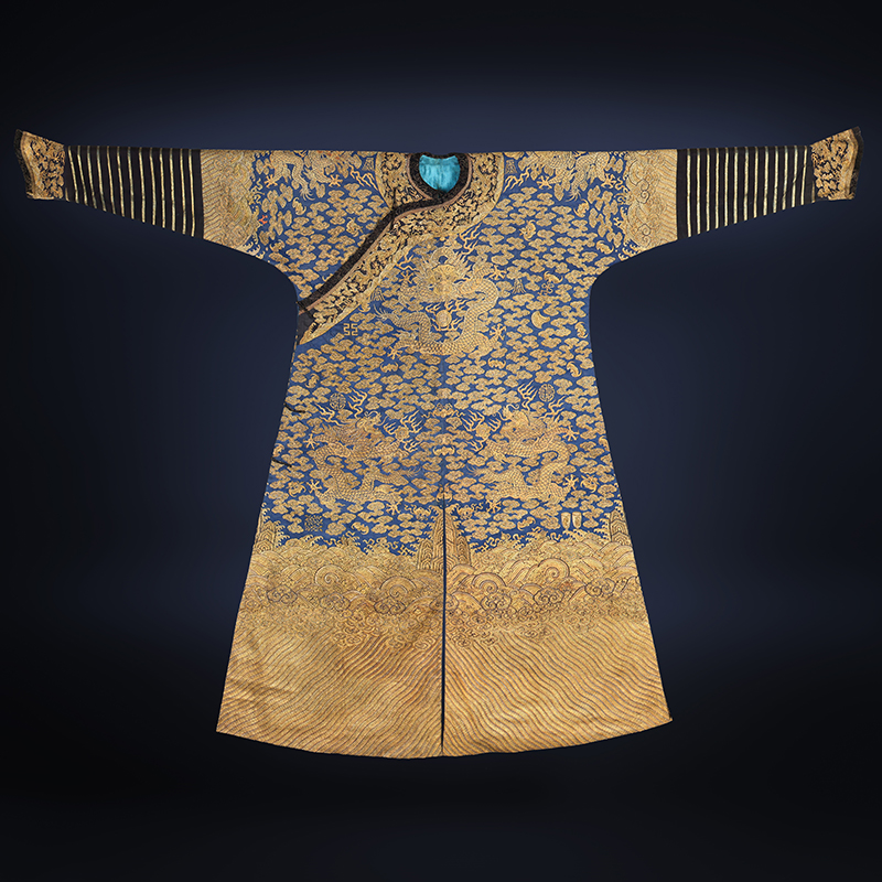 A rare Imperial 'twelve symbol' blue silk dragon robe, longpao, Jiaqing - Daoguang period, first half of the 19th century