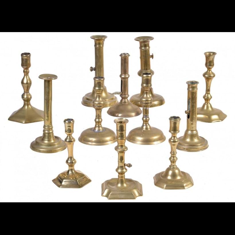 Inline Image - Six various French or English brass candlesticks, circa 1710-20 | a Barlow patent candlestick, mid 19th century | five various brass ejector candlesticks, mid 18th to early 19th century | Est. £150-250 (+fees) (Lot 426)
