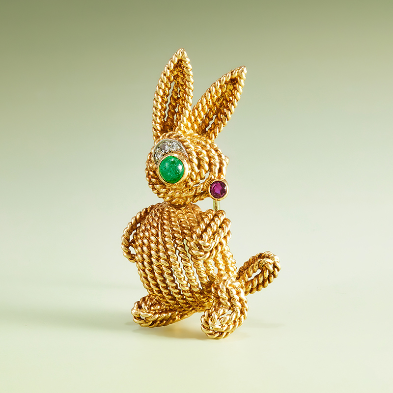 Van Cleef & Arpels, A Gem Set Novelty Brooch, The standing rabbit composed of ropetwist strands