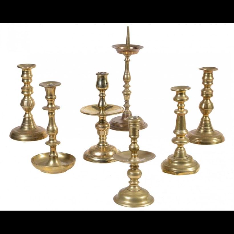 Inline Image - A Dutch brass 'Heemskerk' type candlestick, late 17th century | Similar Dutch brass candlestick | A German or Netherlandish brass pricket candlestick, probably 17th century | A pair of Victorian brass candlesticks, mid-19th century | A brass candlestick in 17th century Spanish style | Est. £400-600 (+fees) (Lot 421)