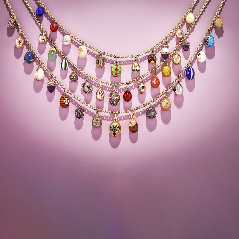 An enamel and gem set egg pendant necklace including by Workmasters Fedor Afanasiev and August Hollming, circa 1890-1910