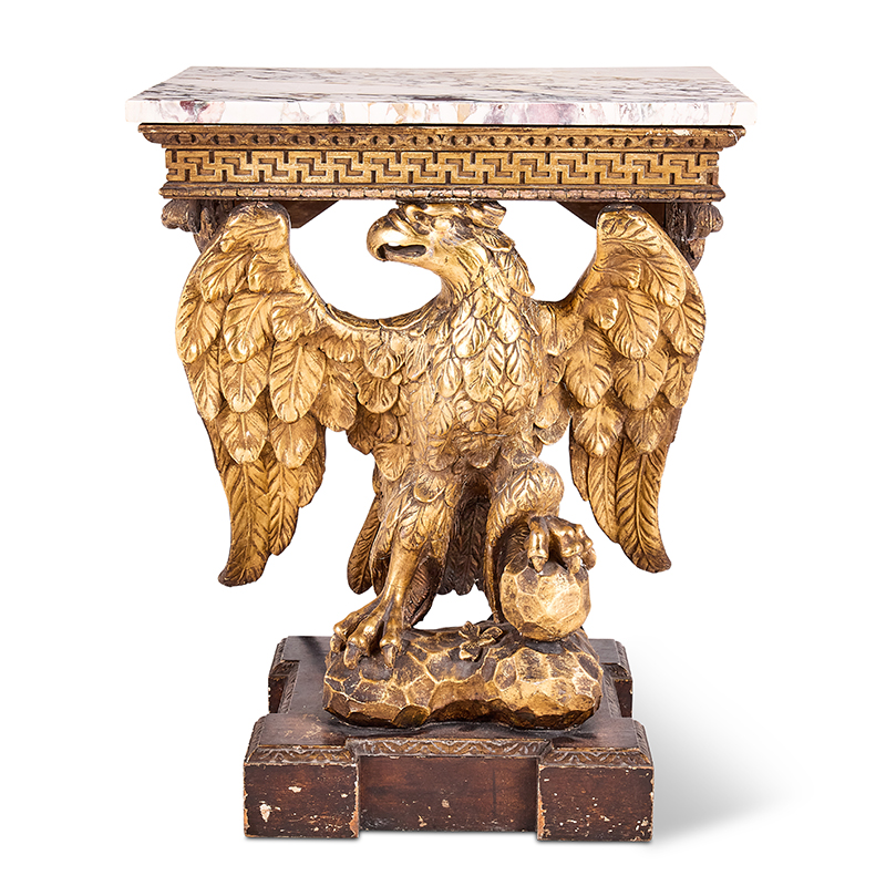 A pair of carved giltwood console tables 19th century, in the manner of William Kent