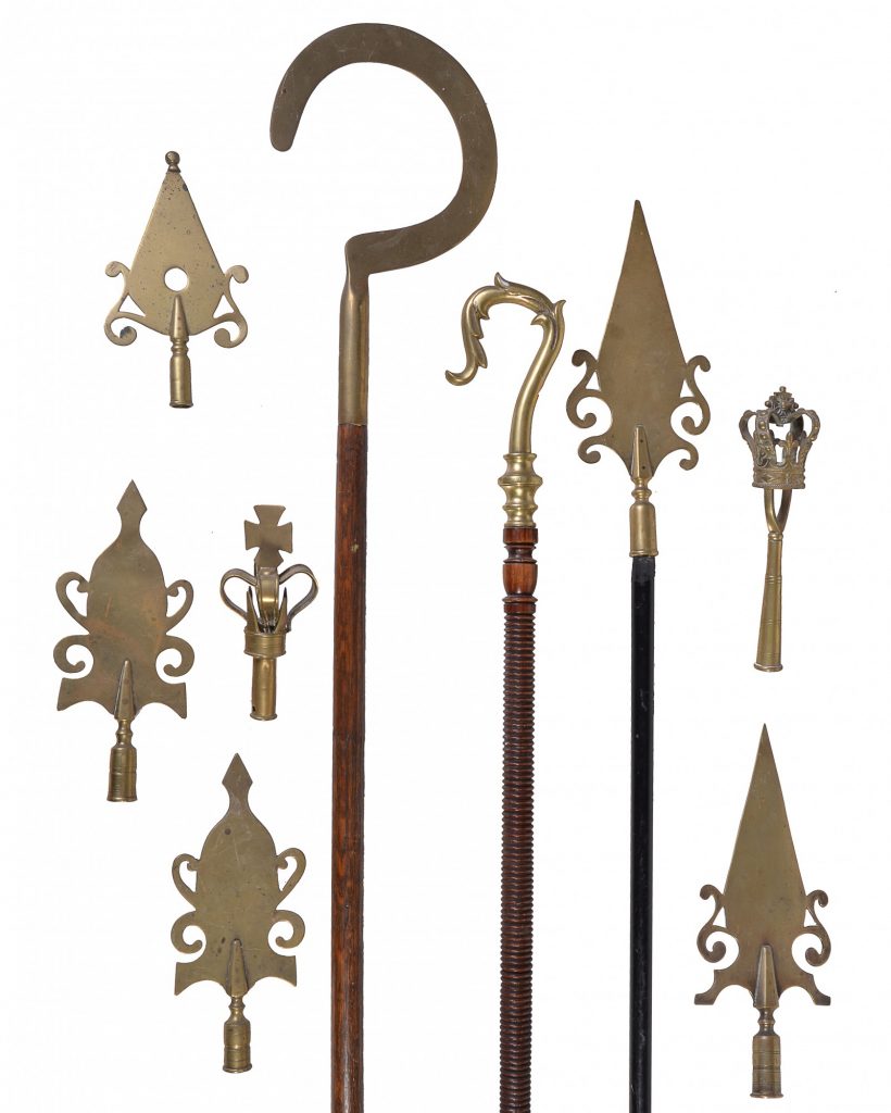 Inline Image - Three various Friendly Society brasses mounted on turned and stained wood poles, West Country, probably Somerset, 19th century | Est. £200-300 (+fees) (Lot 434)