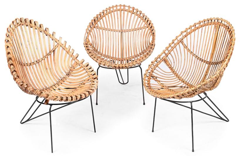 Inline Image - Lot 1212: A group of three Italian rattan chairs, second half 20th century | Est. £300-500 (+ fees)
