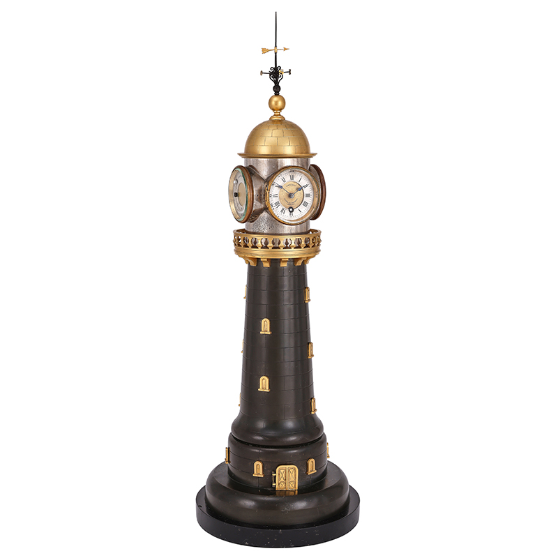 A rare French large four-dial novelty automaton lighthouse timepiece with barometer and thermometers possibly by Andre Romain Guilmet, Paris, late 19th century