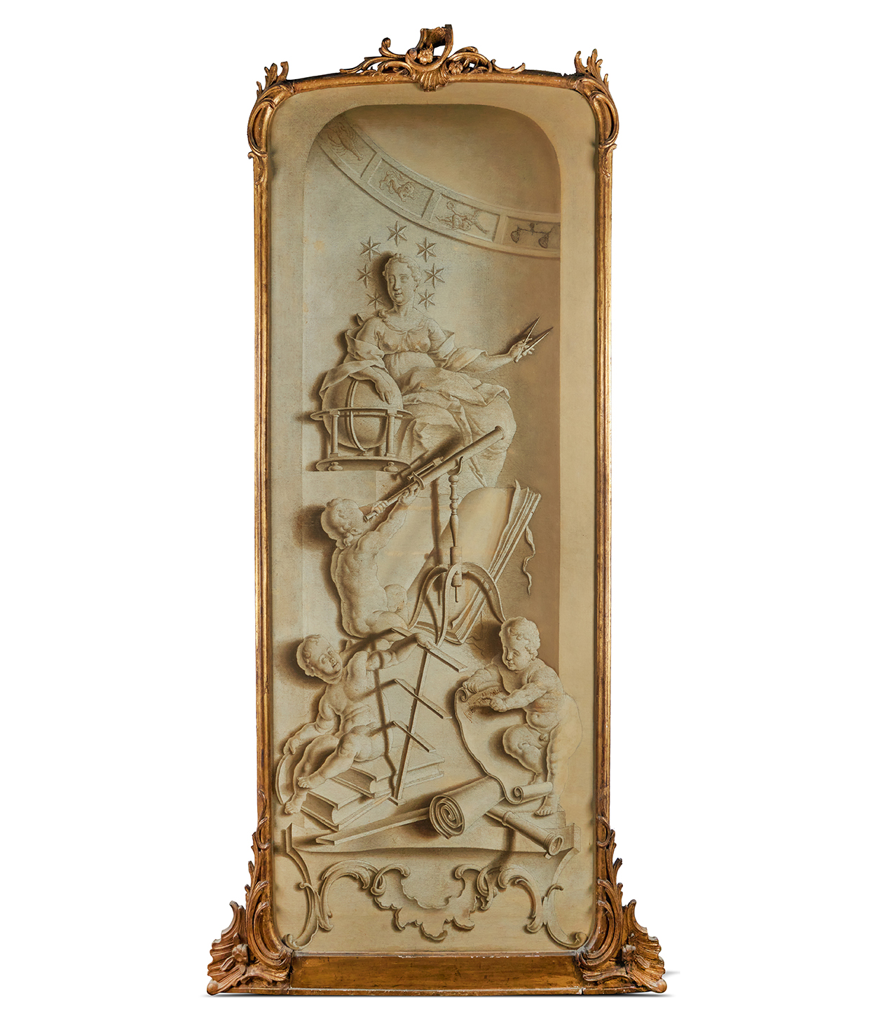 Inline Image - Follower of Jacob de Wita, Trompe l'oeil: Allegory of the Arts, oil on canvas | Formerly the Messel Family Collection in the Old Serving Room at Nymans, then removed to Holmsted Manor in 1947 after the disastrous fire and thence by descent to Oliver Messel. Supplied by Oliver Messel to Frederick and Phyllis Watkins for Flaxley Abbey