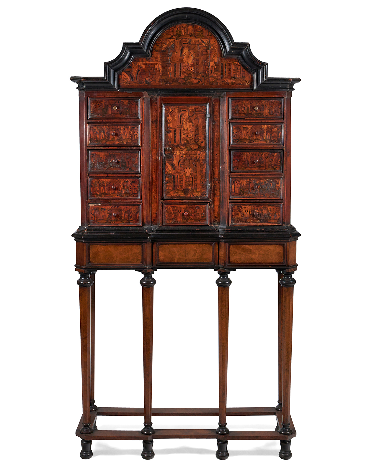 Inline Image - An Italian walnut and marquetry cabinet, late 17th century | Formerly the Messel family collection in the Long Drawing Room at Nymans and thence by descent to Oliver Messel. Supplied by Oliver Messel to Frederick and Phyllis Watkins for Flaxley Abbey