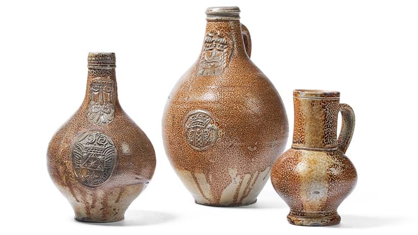 Inline Image - A German salt glazed stoneware flask of so called 'Cardinal Bellamine' type, 17th century | Supplied by Oliver Messel