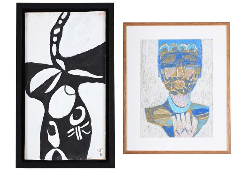 Inline Image - Lot 1242λ Ewart Johns (British 1923-2013), 'Black on White', oil on canvas laid to board, Est. £100-150 (+ fees) | Lot 1248: λ Ewart Johns (British 1923-2013), 'Untitled (Head Study)', mixed media, Est. £200-400 (+ fees)