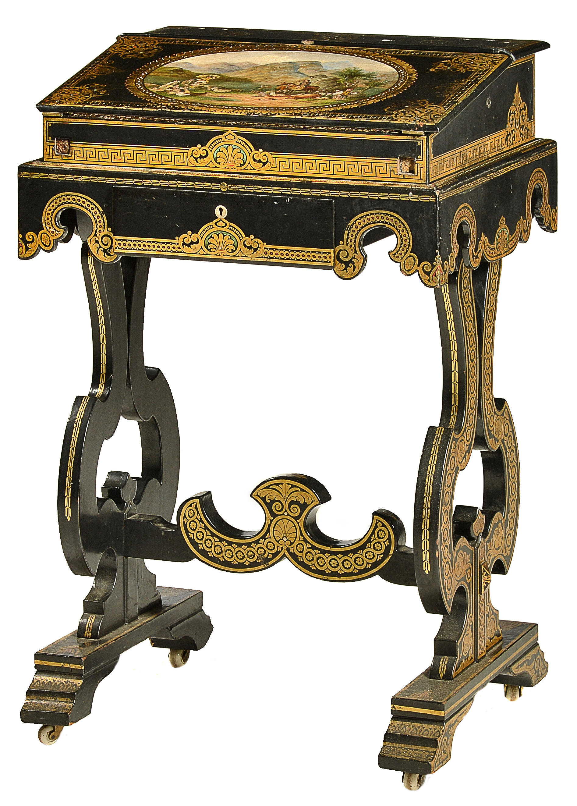 Inline Image - Lot 295: A Victorian ebonised, painted, and parcel gilt papier-mache writing box on stand, circa 1860 | Est. £2,000-3,000 (+fees)