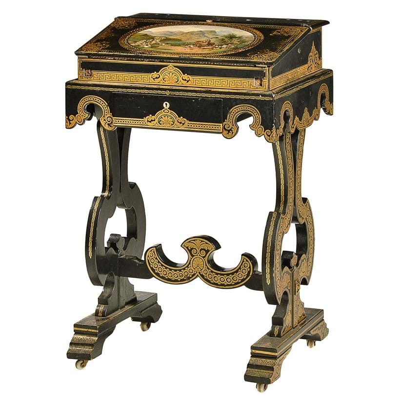 Inline Image - Lot 295: A Victorian ebonised, painted, and parcel gilt papier-mache writing box on stand, circa 1860 | Est. £2,000-3,000 (+fees)