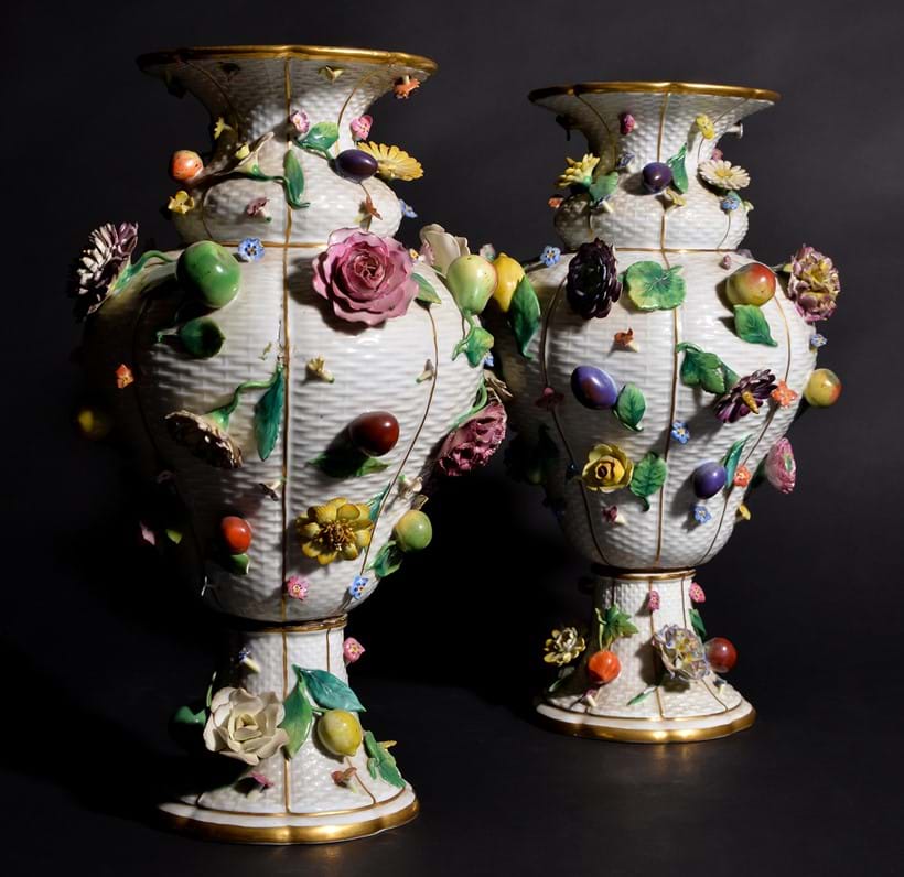 Inline Image - Lot 49: A pair of Meissen (outside decorated) ower and fruit encrusted ozier-moulded baluster vases, late 19th century | Est. £800-1,200 (+fees)