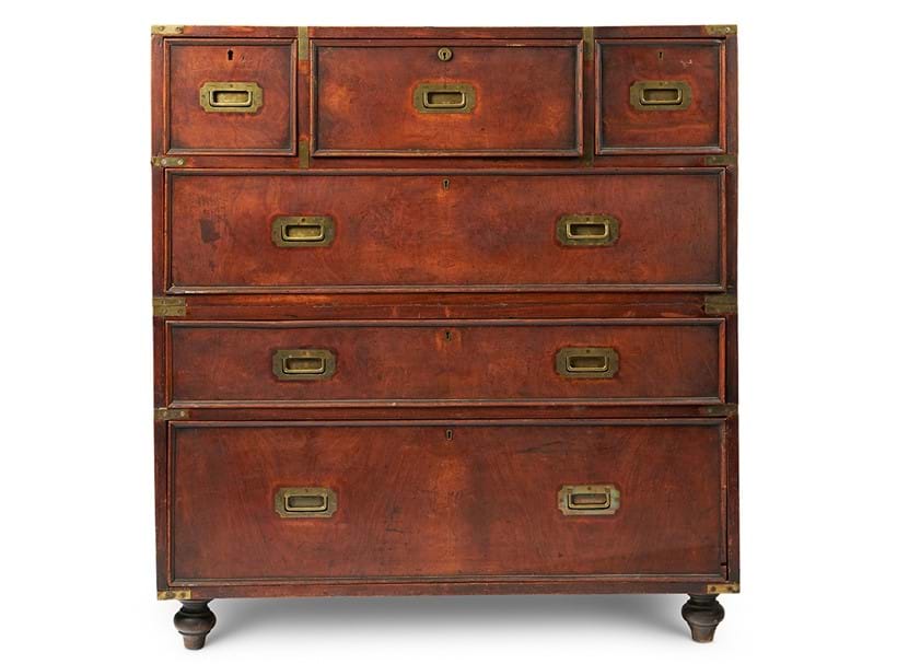 Inline Image - Lot 324: A brass mounted teak secretaire campaign chest, mid 19th century, English | Est. £500-800 (+ fees)