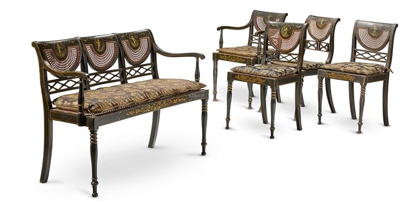 Inline Image - A set of regency black and polychrome-japanned seat furniture, early 19th century | Est. £2,000-3,000 (+ fees)