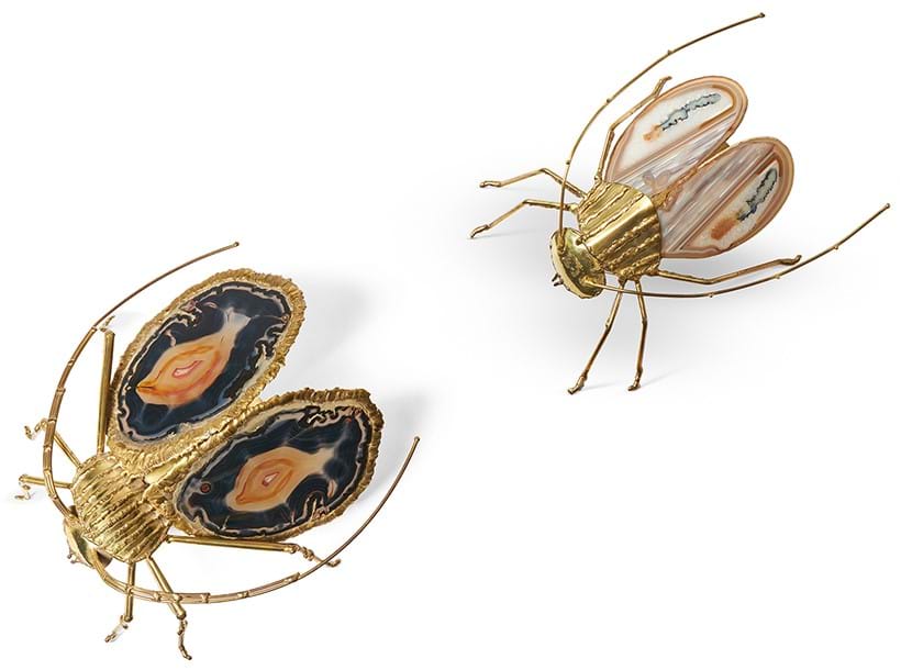 Inline Image - Lot 12: Jacques Duval-Brasseur (French, 1934-2021) attributed; two gilt metal and agate wall lights; second half 20th century | Est. £800-1,200 (+ fees)