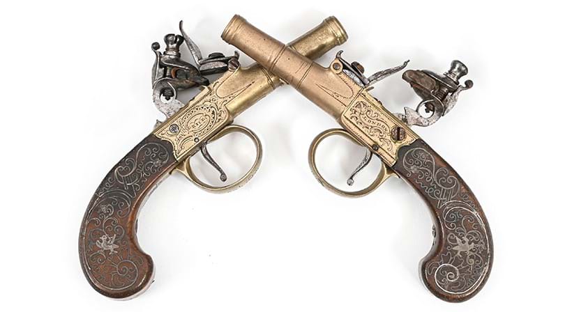 Inline Image - Lot 1067: a Pair of Flintlock Pocket Pistols, signed G. Rice, London, circa 1780 | Est. £600-800 (+ fees) | Auction date: 29 May 2025