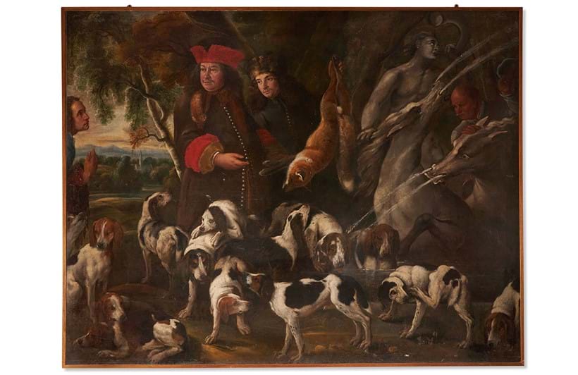 Inline Image - Lot 242: European School (18th/19th Century), ‘Hunting scene with hounds, watering at the fountain’, Oil on canvas | Sold for £32,700