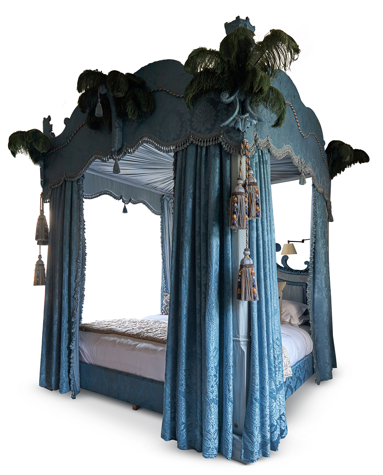 Inline Image - Lot 307: A blue damask and blue ostrich feather four poster bed modern, designed by Robert Couturier | Sold for £16,380