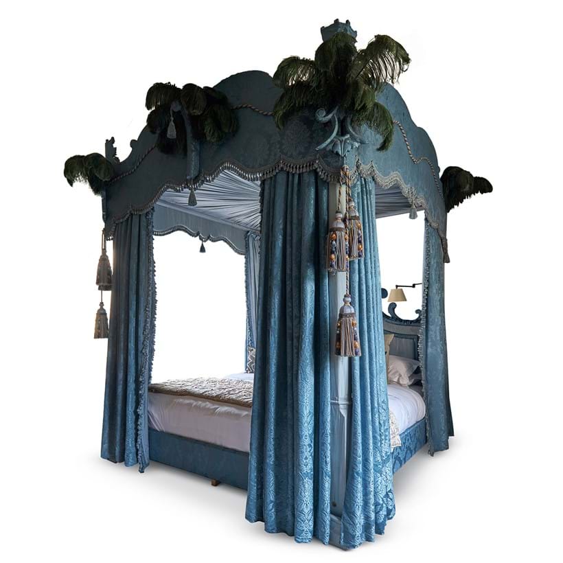 Inline Image - Lot 307: A blue damask and blue ostrich feather four poster bed modern, designed by Robert Couturier | Sold for £16,380
