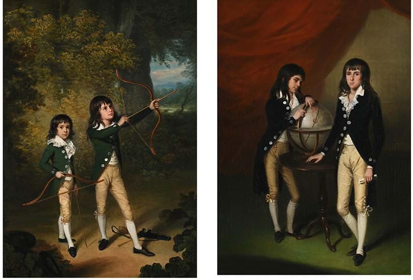Inline Image - Arthur William Devis, Double Portrait of Two Boys, One Pointing to India on a Globe: A Double Portrait of Two Boys, Practicing Archery, oil on canvas | Sold for £125,200