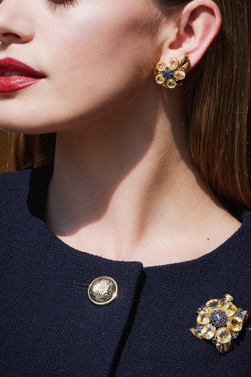 Inline Image - Lot 226: Van Cleef & Arpels, a sapphire, yellow sapphire and diamond 'Passe Partout' brooch and earrings, circa 1938 | Est. £15,000-20,000 (+ fees)