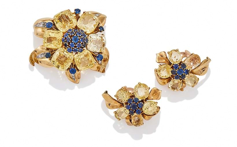Inline Image - Lot 226: Van Cleef & Arpels, a sapphire, yellow sapphire and diamond 'Passe Partout' brooch and earrings, circa 1938 | Est. £15,000-20,000 (+ fees)