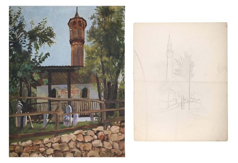 Inline Image - Left: Hilda Carline (British 1889-1950), Wooden Minaret, Sarajevo, Bosnia, oil on canvas | Est. £1,000-1,500 (+ fees) | Right: Sir Stanley Spencer (British 1891-1959), Sarajevo Tower, pencil | Est. £400-600 (+ fees)
