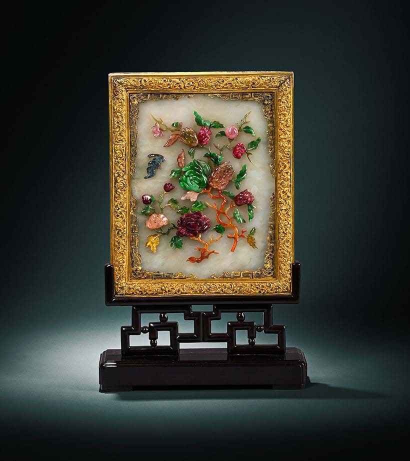 Inline Image - Lot 41: A fine Chinese embellished white jade gilt-bronze mounted table screen, Qianlong | Sold for £35,200