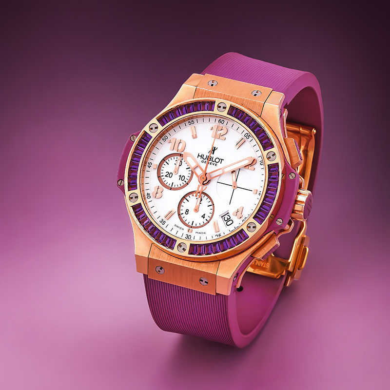 Hublot, Big Bang Tutti Frutti a gold coloured, titanium and amethyst chronograph wristwatch with date, no. 813837, circa 2010