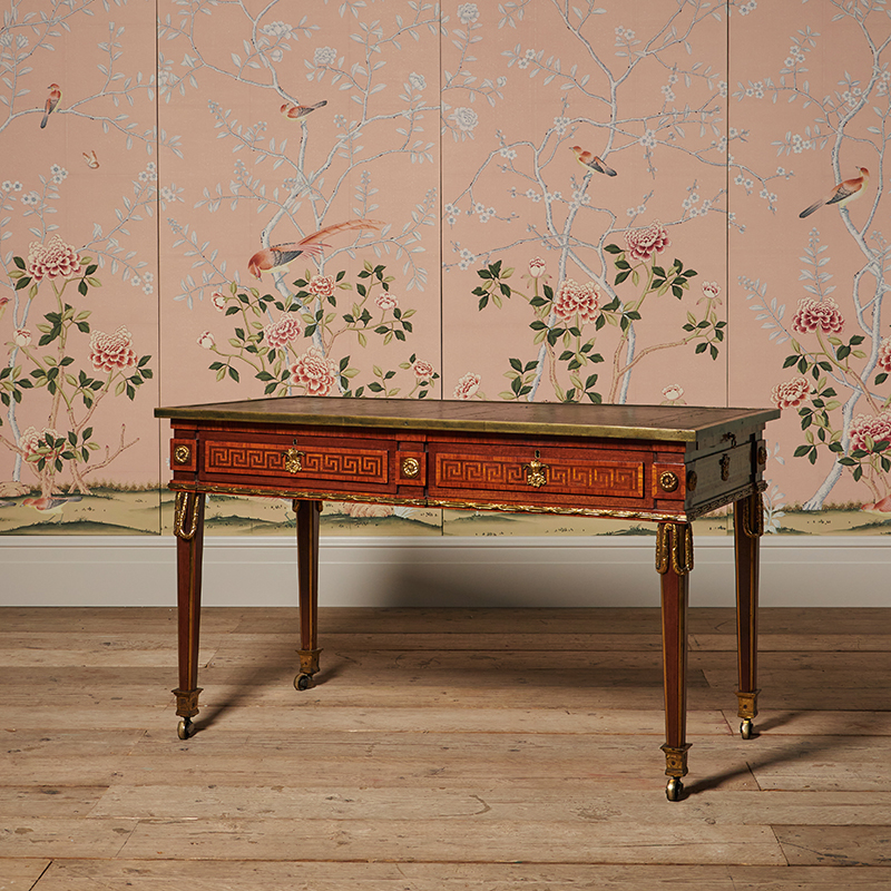 A George III kingwood, amaranth, tulipwood parquetry and lacquered gilt bronze mounted bureau plat, last quarter 18th century