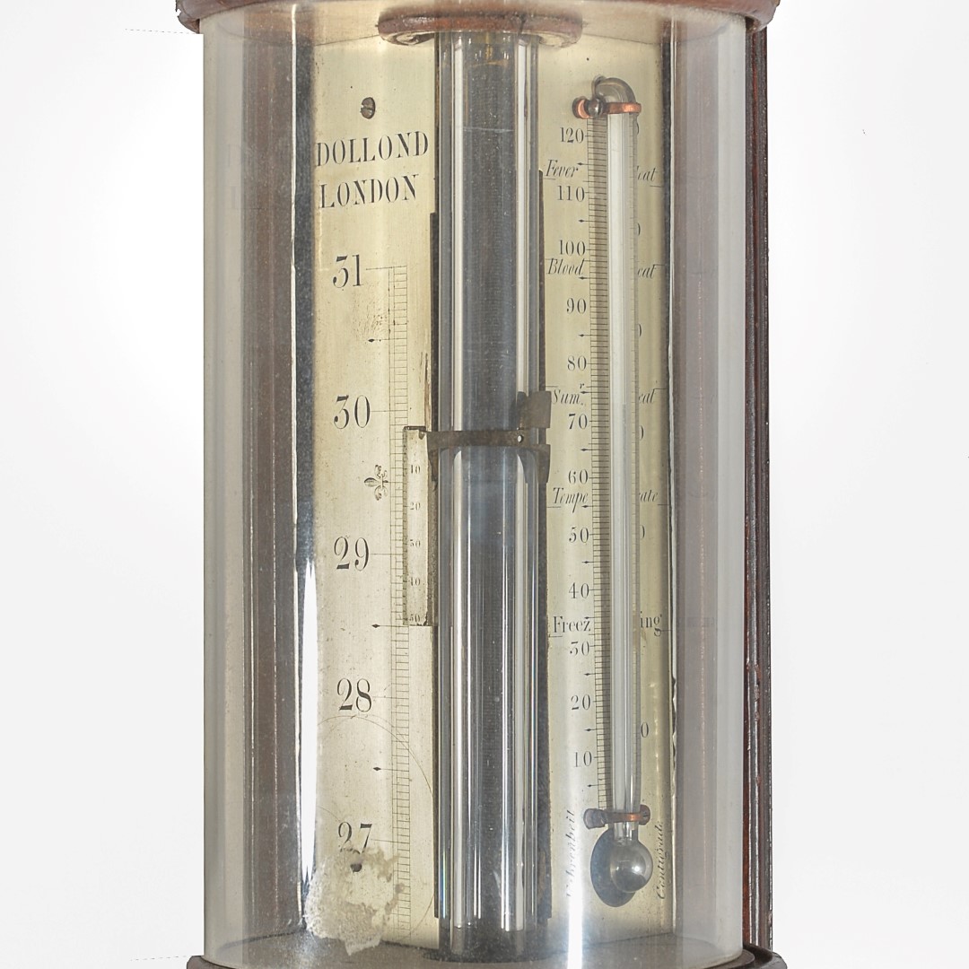 A fine and unusual William IV mahogany wall mounted mercury pillar barometer, Dollond, London, circa 1830