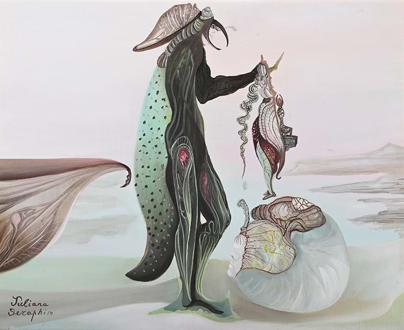 Inline Image - Lot 224: Juliana Seraphim (Palestinian 1934-2005), L'insolite Rencontre (The Unusual Meeting), oil on canvas | Est. £5,000-7,000 (+ fees)