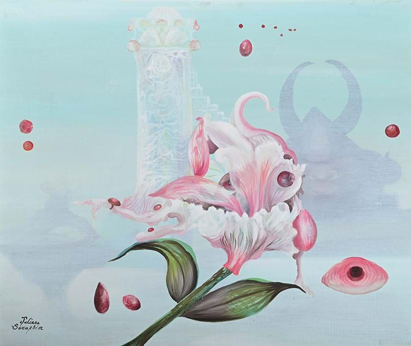 Inline Image - Lot 225: Juliana Seraphim (Palestinian 1934-2005), Il Pleut des Rubis (It is Raining Rubies), oil on canvas | Est. £5,000-7,000 (+ fees)
