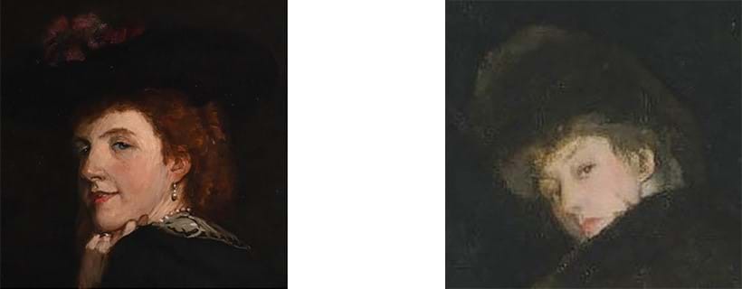 Inline Image - Left: Fig 4: Sir John Lavery, Mrs Geoffrey Birkbeck, 1905, the present painting, detail | Right: Fig 5: James McNeill Whistler, Arrangement in Black: La Dame au brodequin jaune – Portrait of Lady Archibald Campbell, 1882-5, 218.4 x 110.5 cm, Philadelphia Museum of Art, detail