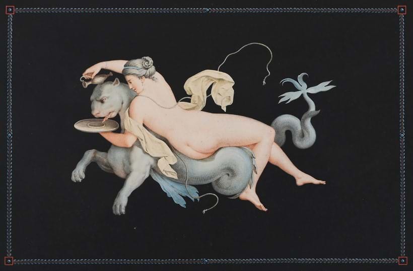 Inline Image - Lot 1057: Attributed To Michelangelo Maestri (Italian Active Circa 1779-1812), ‘Five Classical Scenes Aftr Herculaneum Frescos’, Gouache over etched outline, with blue was borders | Est. £500-800 (+ fees)